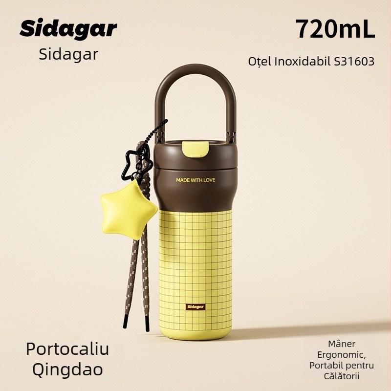 Termos pentru femei, oțel inoxidabil 304 exterior, 316 interior, izolație 6–12 ore, portabil cu șnur de purtare