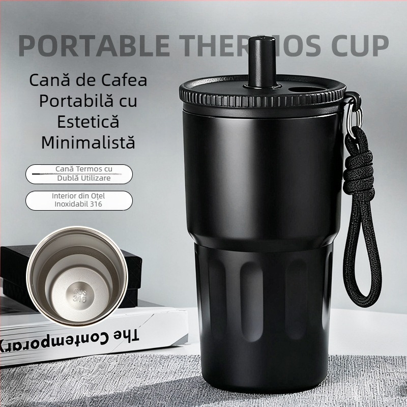 Cană izolată din oțel inoxidabil 316 cu pai, cană de cafea portabilă cu șnur de purtare