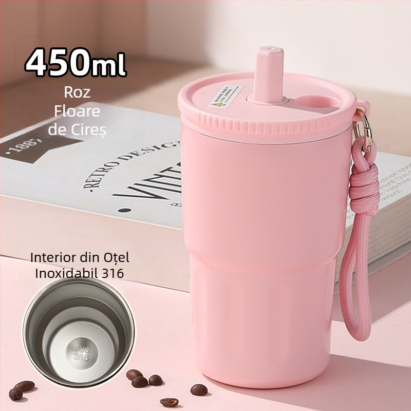 Cană izolată din oțel inoxidabil 316 cu pai, cană de cafea portabilă cu șnur de purtare