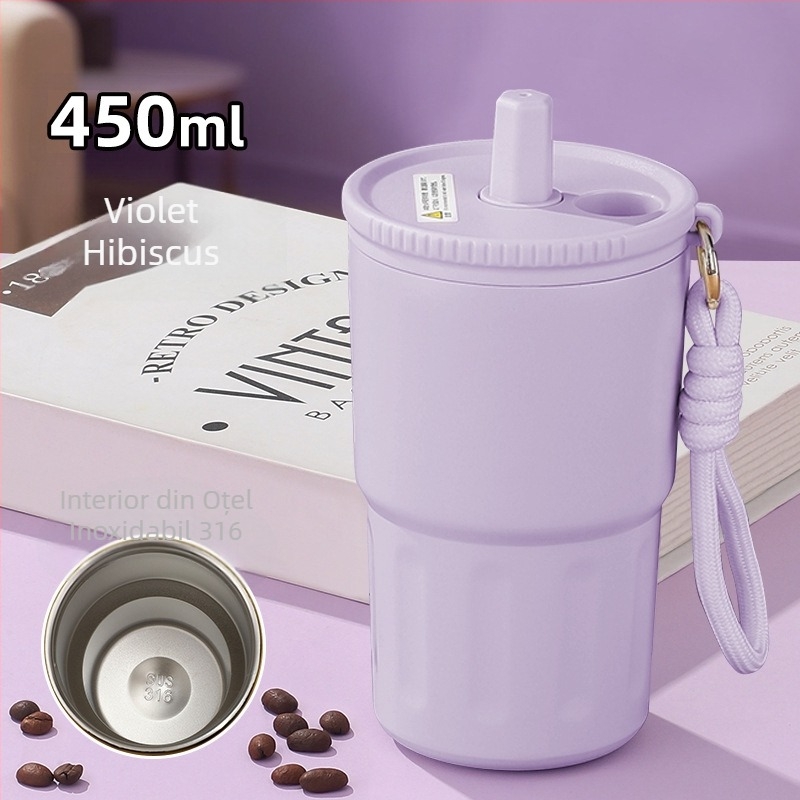 Cană izolată din oțel inoxidabil 316 cu pai, cană de cafea portabilă cu șnur de purtare