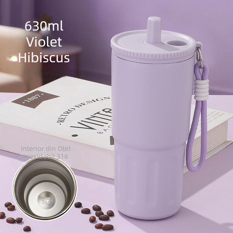 Cană izolată din oțel inoxidabil 316 cu pai, cană de cafea portabilă cu șnur de purtare