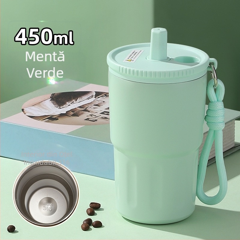 Cană izolată din oțel inoxidabil 316 cu pai, cană de cafea portabilă cu șnur de purtare
