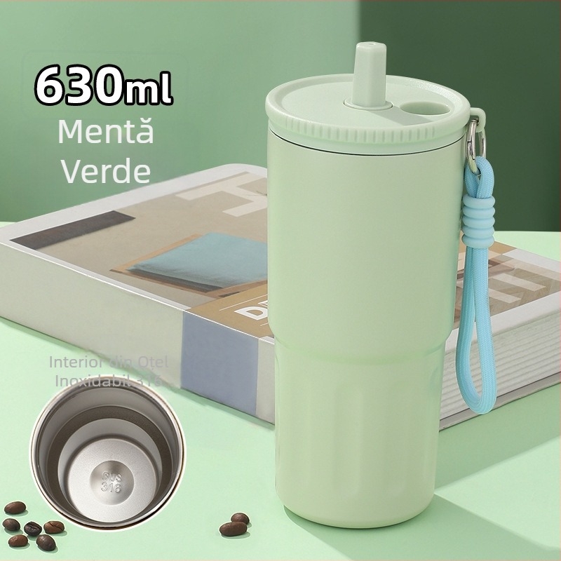 Cană izolată din oțel inoxidabil 316 cu pai, cană de cafea portabilă cu șnur de purtare