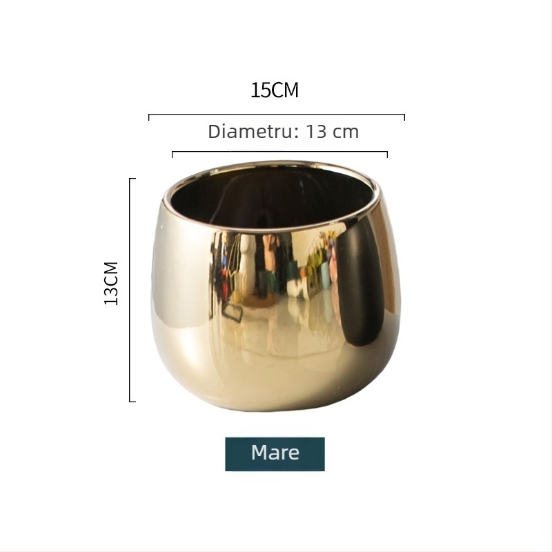 Ghiveci ceramic cu finisaj placat cu aur și model marmorat – rotund, stil nordic minimalist, pentru hidroponie și suculente