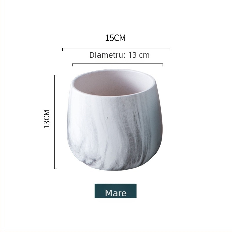 Ghiveci ceramic cu finisaj placat cu aur și model marmorat – rotund, stil nordic minimalist, pentru hidroponie și suculente