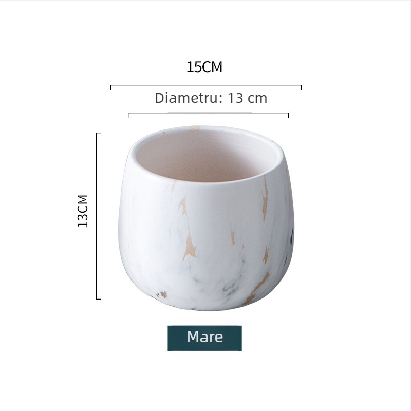 Ghiveci ceramic cu finisaj placat cu aur și model marmorat – rotund, stil nordic minimalist, pentru hidroponie și suculente