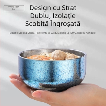 Bol de orez din titan pur, mare, cu pereți dubli, vas de servire gros pentru uz casnic și restaurante, camping în aer liber