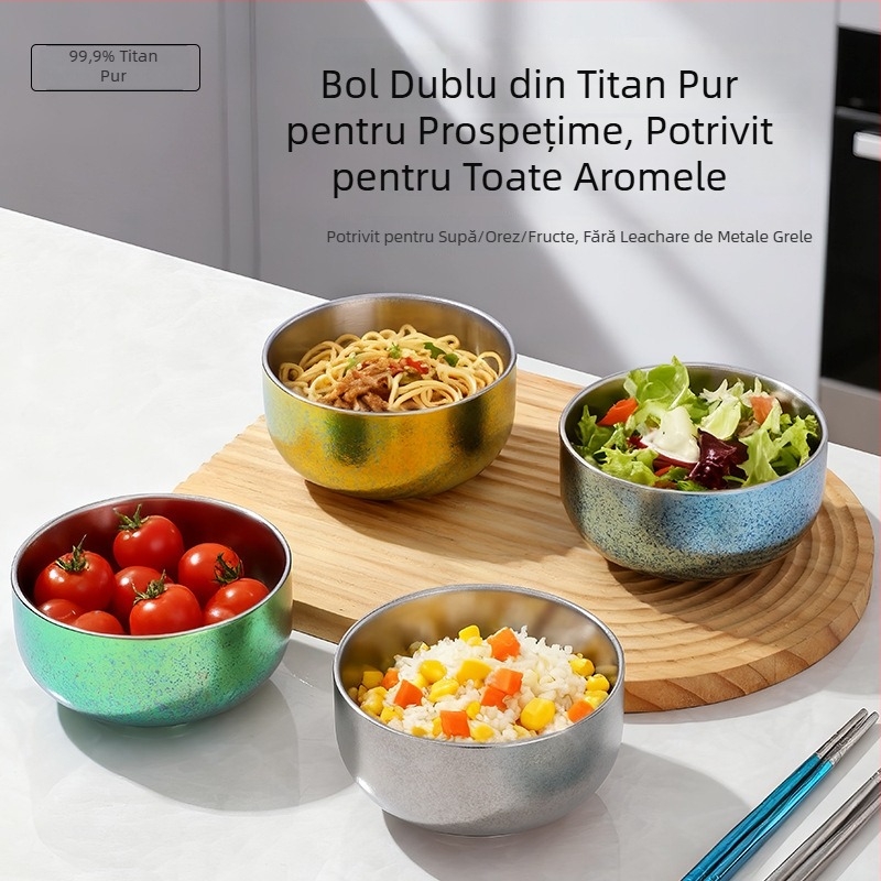 Bol de orez din titan pur, mare, cu pereți dubli, vas de servire gros pentru uz casnic și restaurante, camping în aer liber