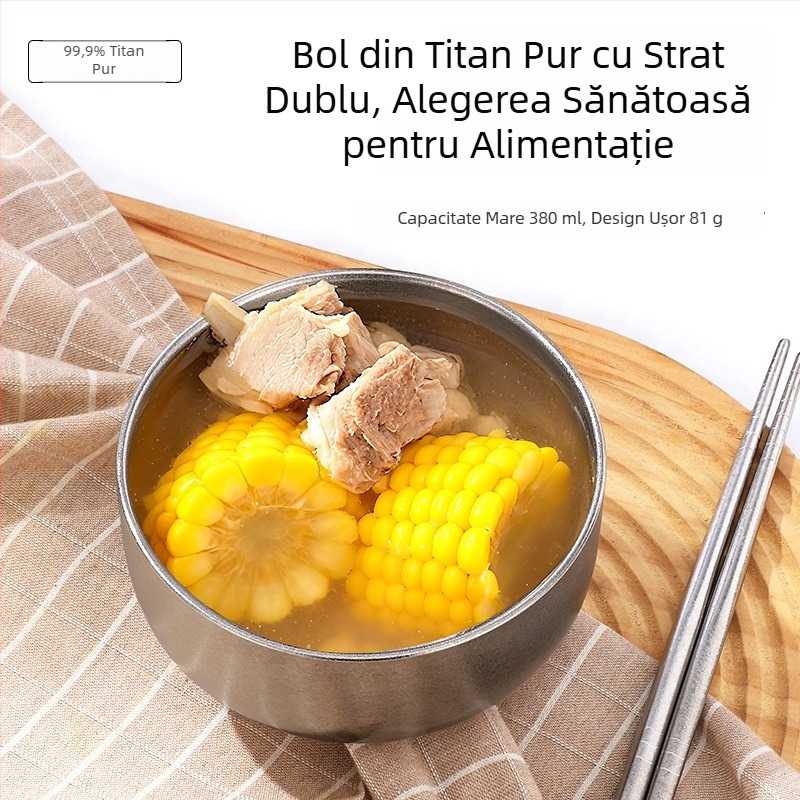Bol de orez din titan pur, mare, cu pereți dubli, vas de servire gros pentru uz casnic și restaurante, camping în aer liber