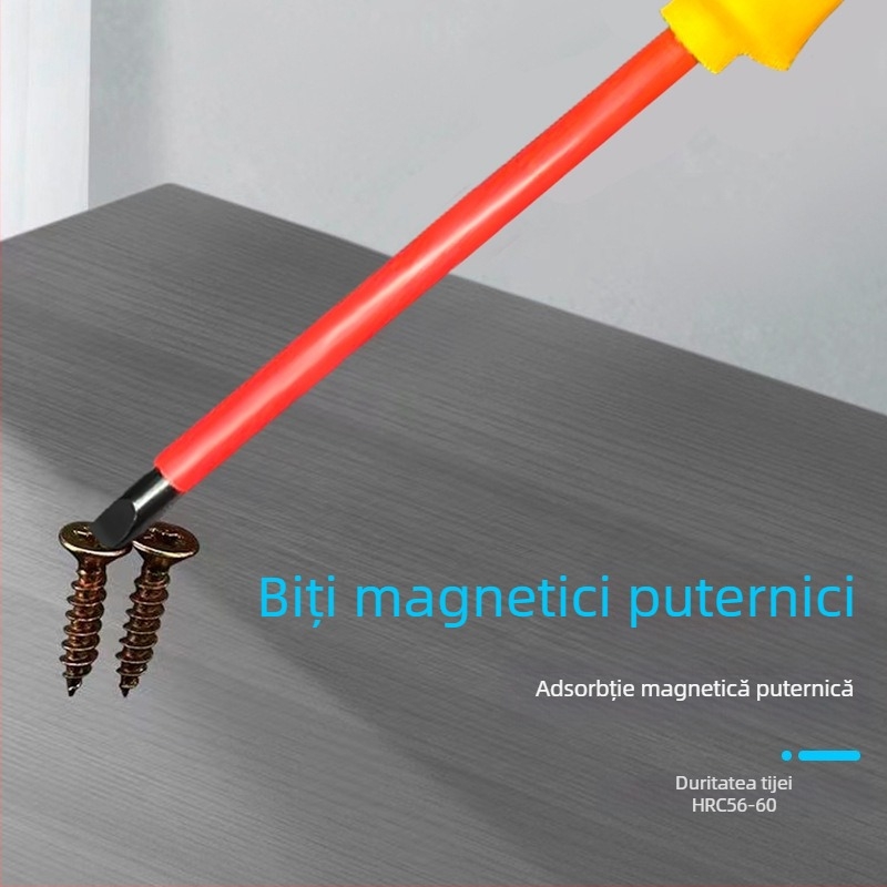 Șurubelniță izolată pentru înaltă tensiune, cu vârf magnetic, pentru electricieni — vârf plat și vârf cruciform, oțel de unelte S2, mâner din silicon