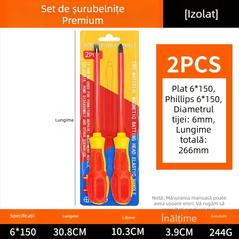 Șurubelniță izolată pentru înaltă tensiune, cu vârf magnetic, pentru electricieni — vârf plat și vârf cruciform, oțel de unelte S2, mâner din silicon