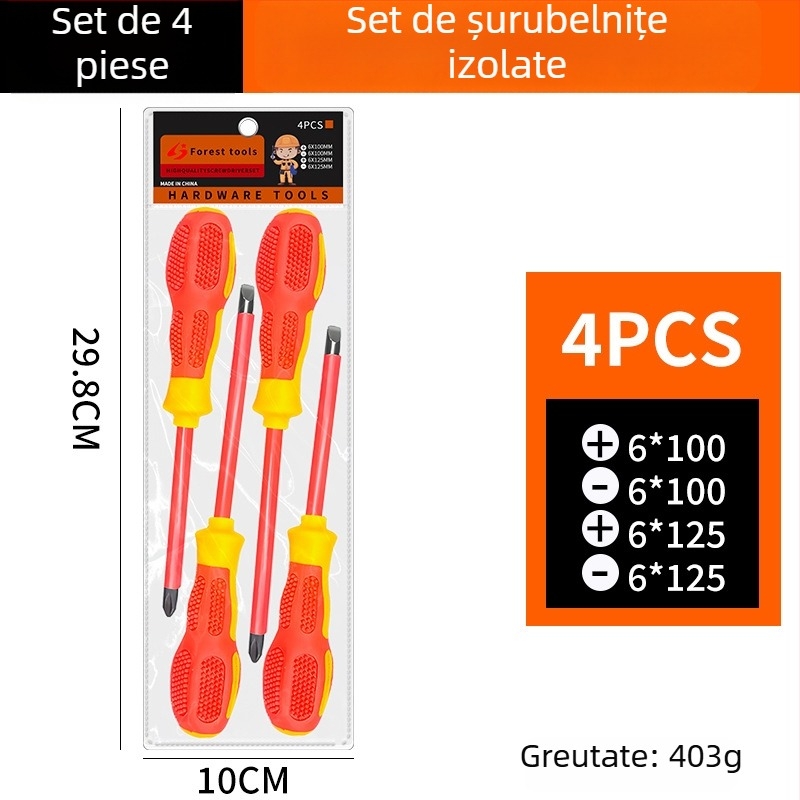 Șurubelniță izolată pentru înaltă tensiune, cu vârf magnetic, pentru electricieni — vârf plat și vârf cruciform, oțel de unelte S2, mâner din silicon