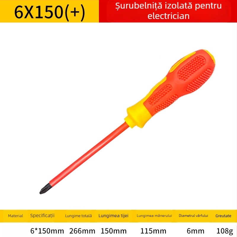 Șurubelniță izolată pentru înaltă tensiune, cu vârf magnetic, pentru electricieni — vârf plat și vârf cruciform, oțel de unelte S2, mâner din silicon