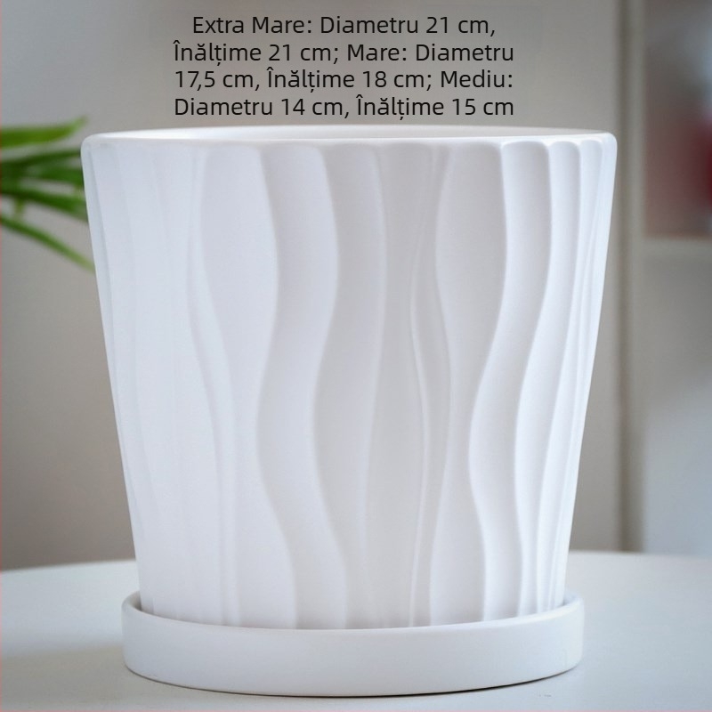 Ghiveci ceramic, alb mat, cu tavă neagră, stil nordic, design creativ pentru plante verzi (mari și mici)