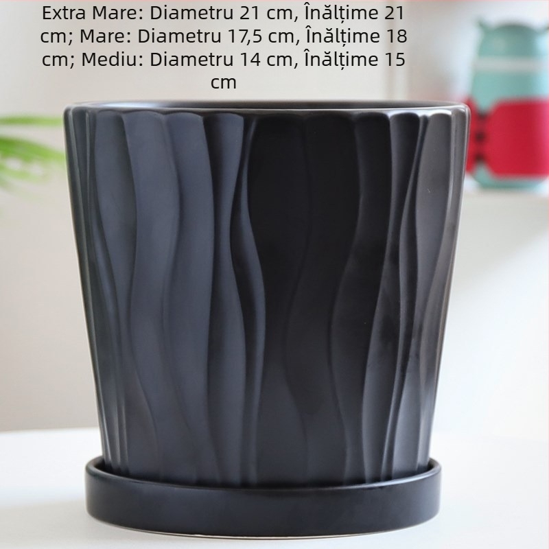 Ghiveci ceramic, alb mat, cu tavă neagră, stil nordic, design creativ pentru plante verzi (mari și mici)
