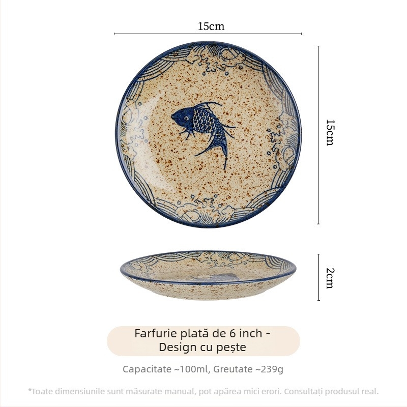 Farfurie adâncă din ceramică în stil japonez, rotundă, diametru 17–18 cm, pentru uz casnic; potrivită pentru pește, fructe și fructe uscate
