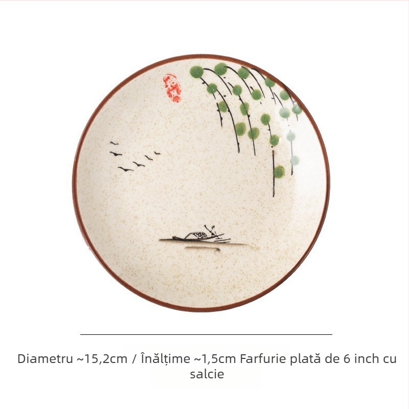 Farfurie adâncă din ceramică în stil japonez, rotundă, diametru 17–18 cm, pentru uz casnic; potrivită pentru pește, fructe și fructe uscate