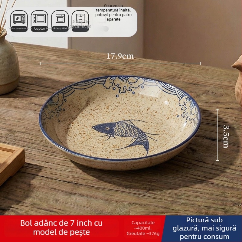 Farfurie adâncă din ceramică în stil japonez, rotundă, diametru 17–18 cm, pentru uz casnic; potrivită pentru pește, fructe și fructe uscate