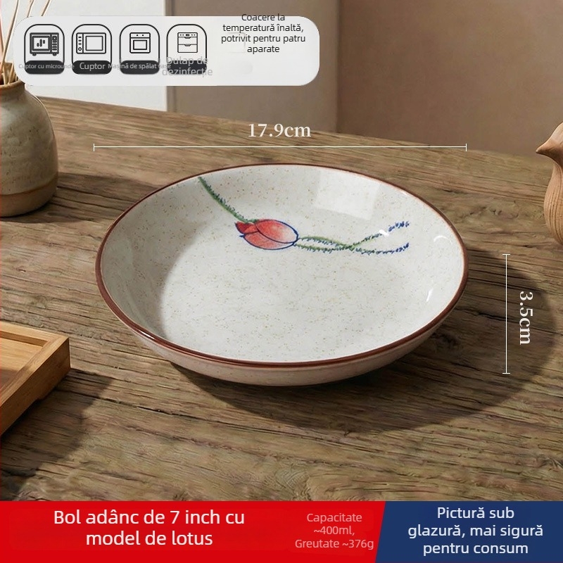 Farfurie adâncă din ceramică în stil japonez, rotundă, diametru 17–18 cm, pentru uz casnic; potrivită pentru pește, fructe și fructe uscate