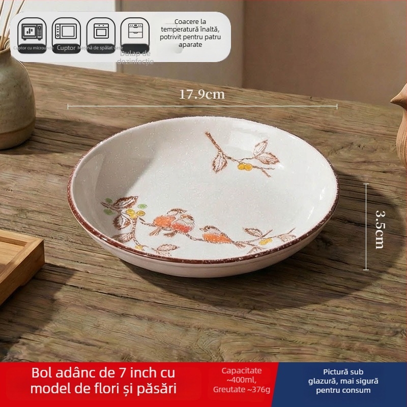 Farfurie adâncă din ceramică în stil japonez, rotundă, diametru 17–18 cm, pentru uz casnic; potrivită pentru pește, fructe și fructe uscate