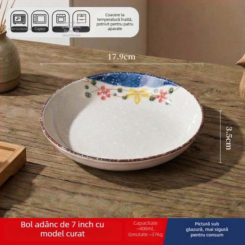 Farfurie adâncă din ceramică în stil japonez, rotundă, diametru 17–18 cm, pentru uz casnic; potrivită pentru pește, fructe și fructe uscate