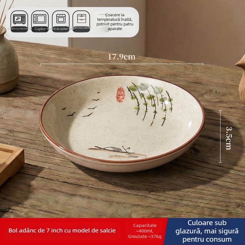 Farfurie adâncă din ceramică în stil japonez, rotundă, diametru 17–18 cm, pentru uz casnic; potrivită pentru pește, fructe și fructe uscate