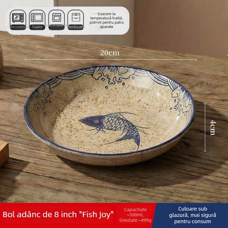 Farfurie adâncă din ceramică în stil japonez, rotundă, diametru 17–18 cm, pentru uz casnic; potrivită pentru pește, fructe și fructe uscate