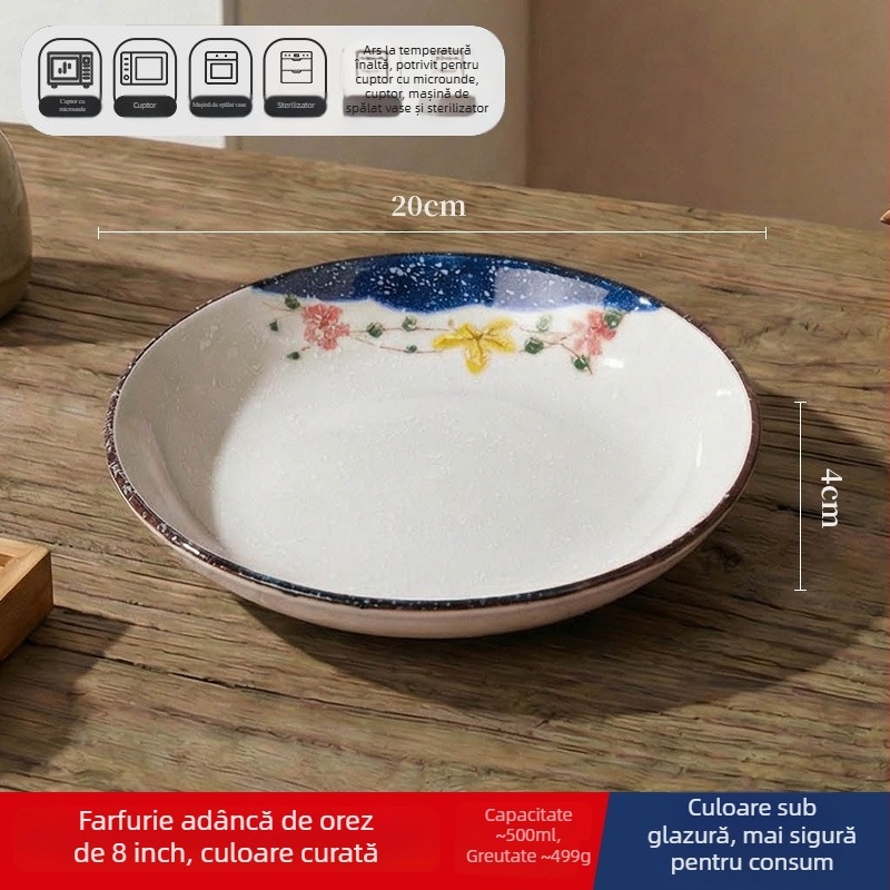 Farfurie adâncă din ceramică în stil japonez, rotundă, diametru 17–18 cm, pentru uz casnic; potrivită pentru pește, fructe și fructe uscate