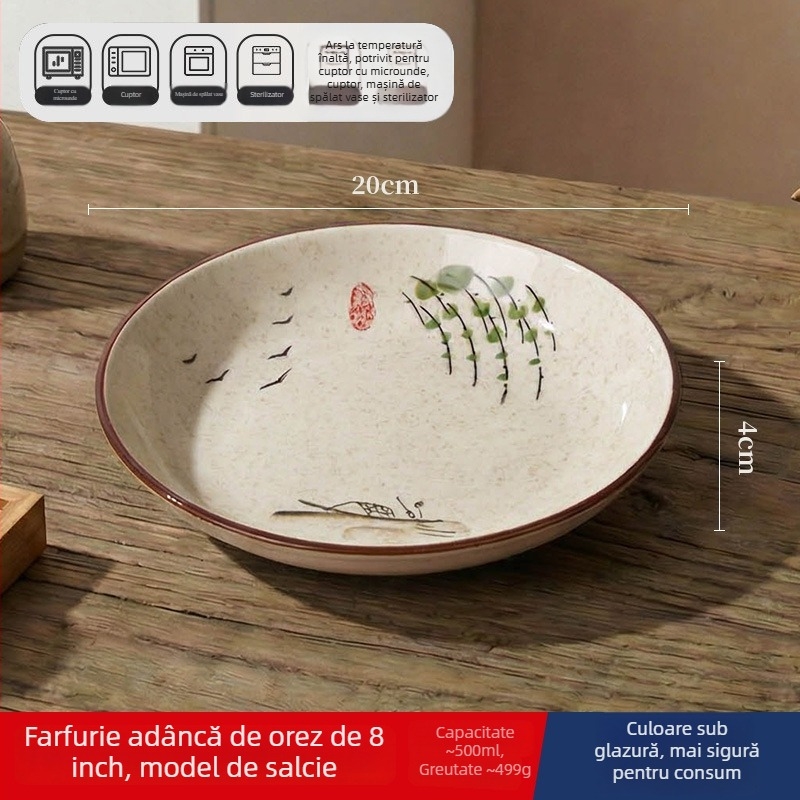 Farfurie adâncă din ceramică în stil japonez, rotundă, diametru 17–18 cm, pentru uz casnic; potrivită pentru pește, fructe și fructe uscate