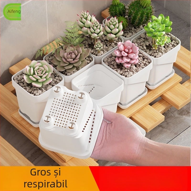 Ghiveci plastic respirabil pentru suculente, cu tavă inferioară pătrată îmbunătățită, pentru birou sau casă, design Nordic creativ.
