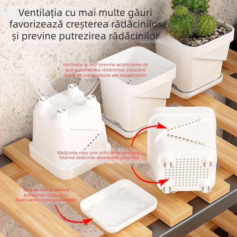 Ghiveci plastic respirabil pentru suculente, cu tavă inferioară pătrată îmbunătățită, pentru birou sau casă, design Nordic creativ.