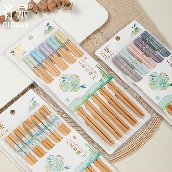 Bețișoare din bambus natural, 10 perechi, design desene animate, antiderapante, ne lacuite, imprimare carbonizată