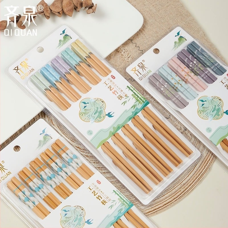 Bețișoare din bambus natural, 10 perechi, design desene animate, antiderapante, ne lacuite, imprimare carbonizată