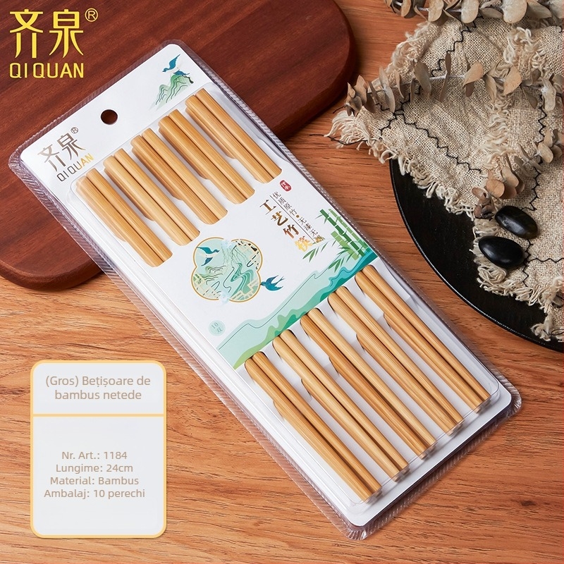 Bețișoare din bambus natural, 10 perechi, design desene animate, antiderapante, ne lacuite, imprimare carbonizată