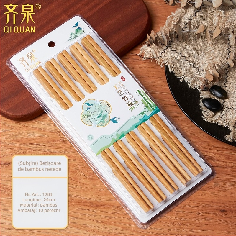 Bețișoare din bambus natural, 10 perechi, design desene animate, antiderapante, ne lacuite, imprimare carbonizată
