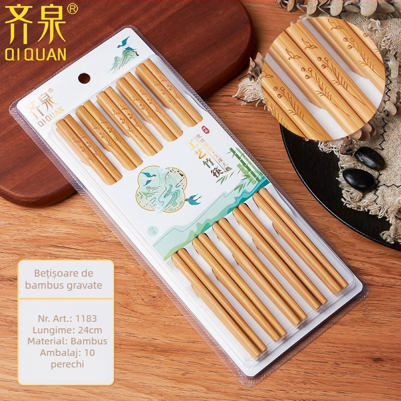 Bețișoare din bambus natural, 10 perechi, design desene animate, antiderapante, ne lacuite, imprimare carbonizată