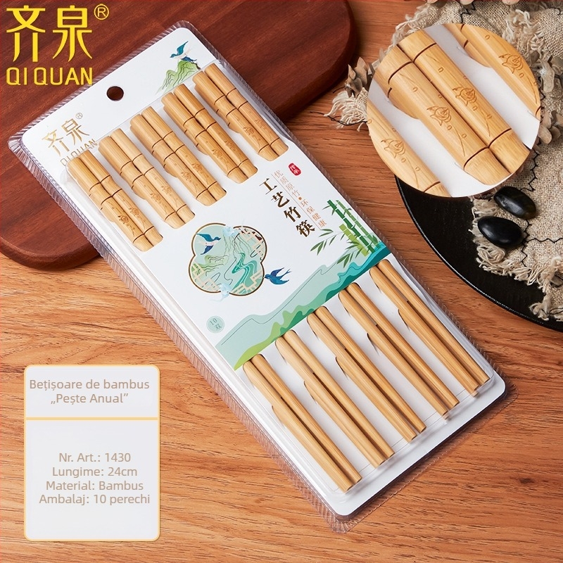 Bețișoare din bambus natural, 10 perechi, design desene animate, antiderapante, ne lacuite, imprimare carbonizată