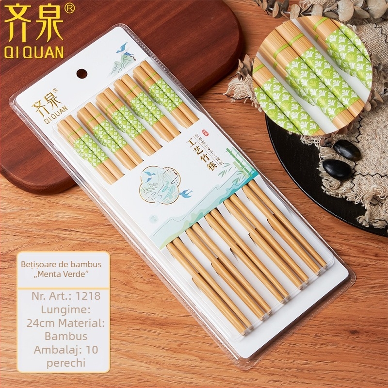 Bețișoare din bambus natural, 10 perechi, design desene animate, antiderapante, ne lacuite, imprimare carbonizată