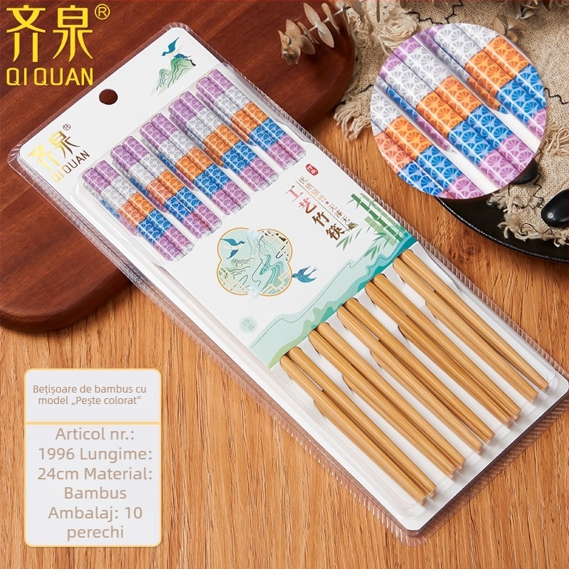 Bețișoare din bambus natural, 10 perechi, design desene animate, antiderapante, ne lacuite, imprimare carbonizată