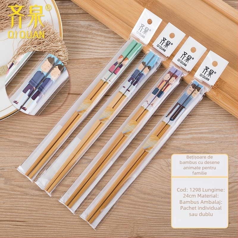 Bețișoare din bambus natural, 10 perechi, design desene animate, antiderapante, ne lacuite, imprimare carbonizată
