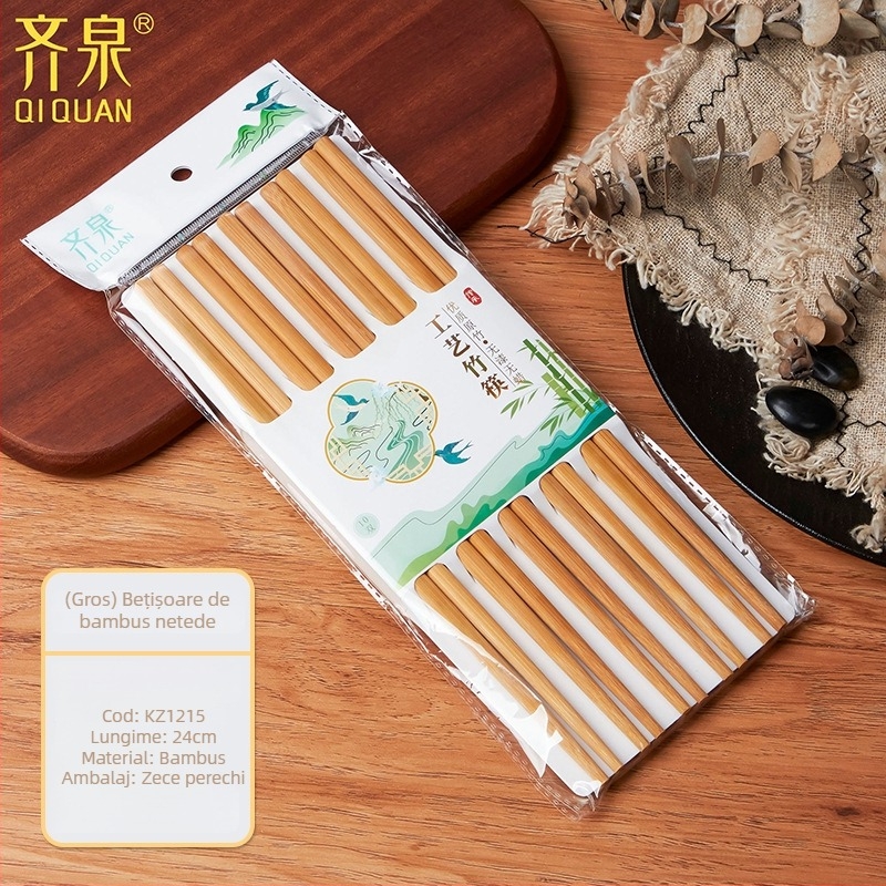 Bețișoare din bambus natural, 10 perechi, design desene animate, antiderapante, ne lacuite, imprimare carbonizată
