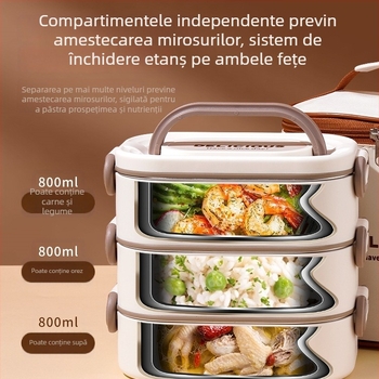 Cutie de prânz izolată, cu mai multe niveluri, pentru birou, compatibilă cu microunde, cu capacitate mare și compartiment pentru orez