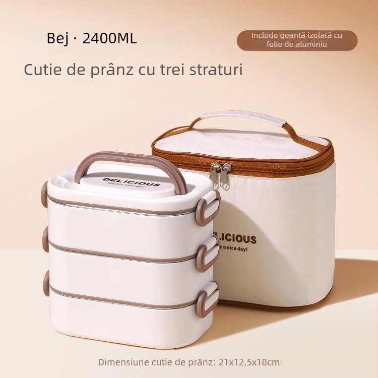 Cutie de prânz izolată, cu mai multe niveluri, pentru birou, compatibilă cu microunde, cu capacitate mare și compartiment pentru orez