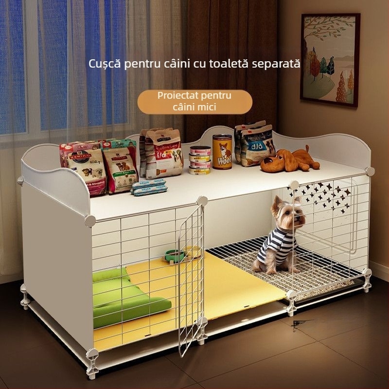 Cușcă de câini în stil vilă pentru rase mici, cu interior spațios, toaletă integrată și cușcă pentru câine separată