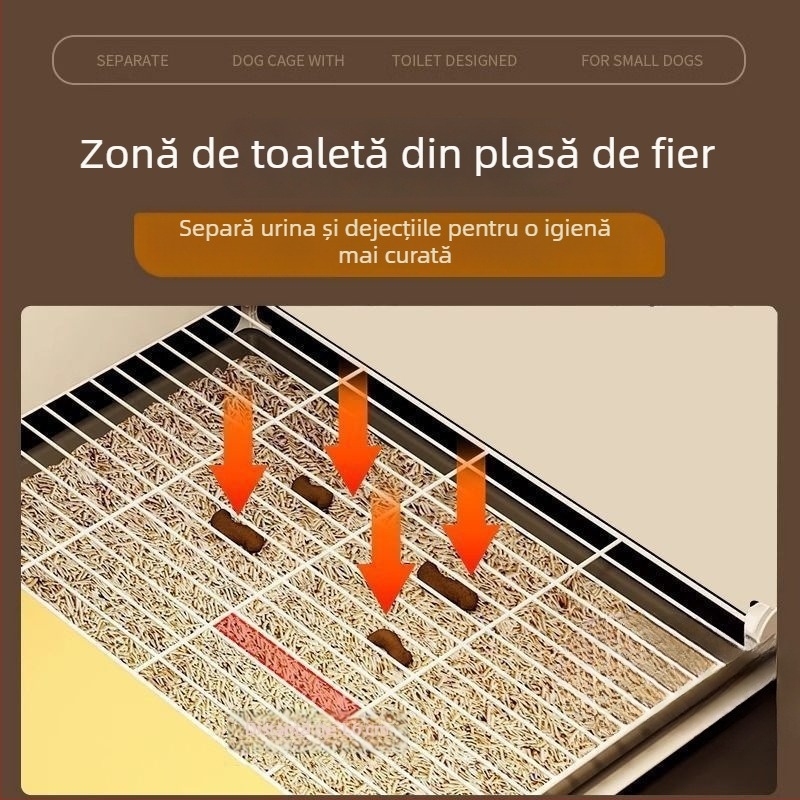 Cușcă de câini în stil vilă pentru rase mici, cu interior spațios, toaletă integrată și cușcă pentru câine separată