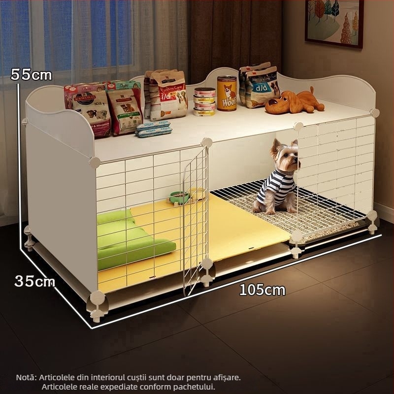 Cușcă de câini în stil vilă pentru rase mici, cu interior spațios, toaletă integrată și cușcă pentru câine separată