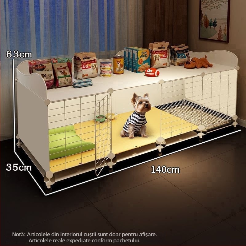 Cușcă de câini în stil vilă pentru rase mici, cu interior spațios, toaletă integrată și cușcă pentru câine separată