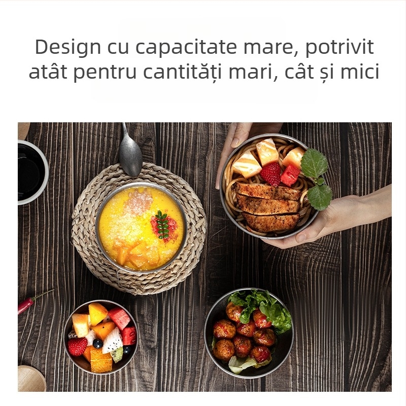Vas de servire în stil industrial vintage: bol din oțel inoxidabil, dublu strat, mare pentru tăiței, culoare gri zăpadă, stil coreean.