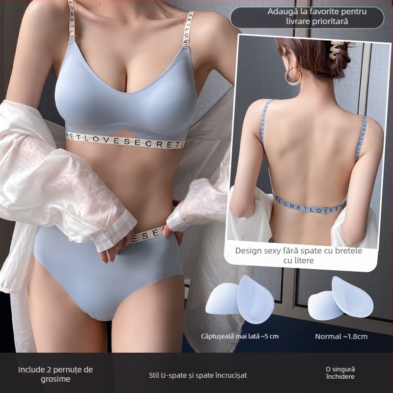 Sutien cu spate în formă de U, design extins, push‑up pentru sâni mici, bretele cu litere, croială subțire
