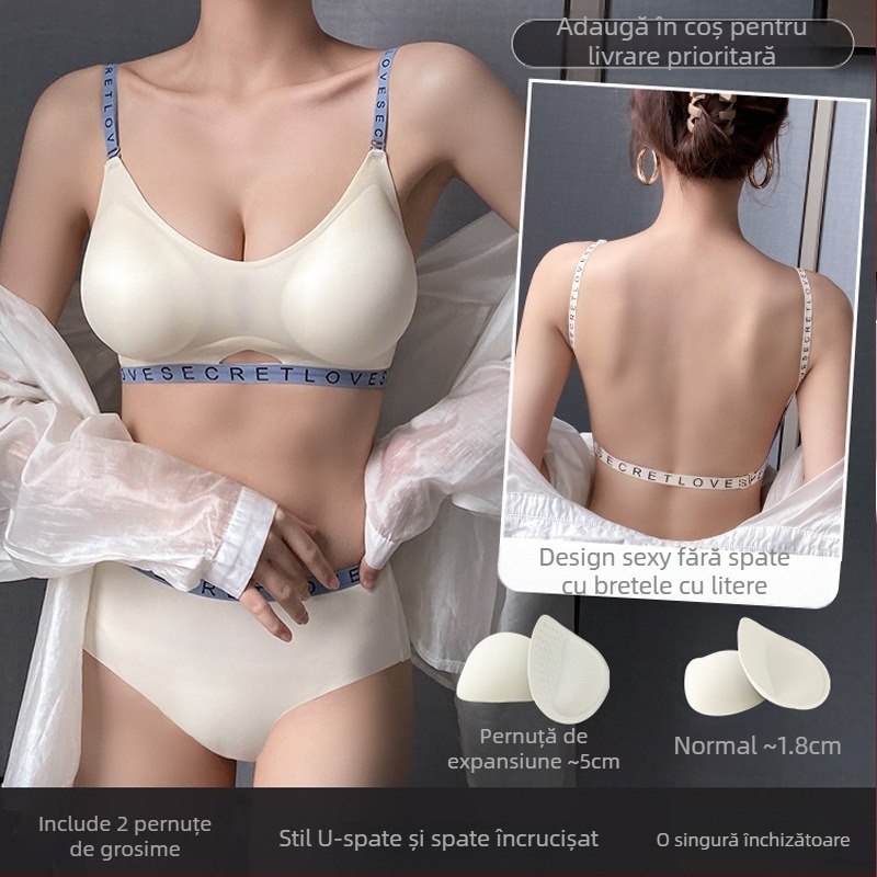 Sutien cu spate în formă de U, design extins, push‑up pentru sâni mici, bretele cu litere, croială subțire